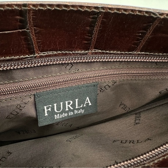 Vintage Furla Genuine Leather Croc Embossed Brown Shoulder Bag - Picture 12 of 14